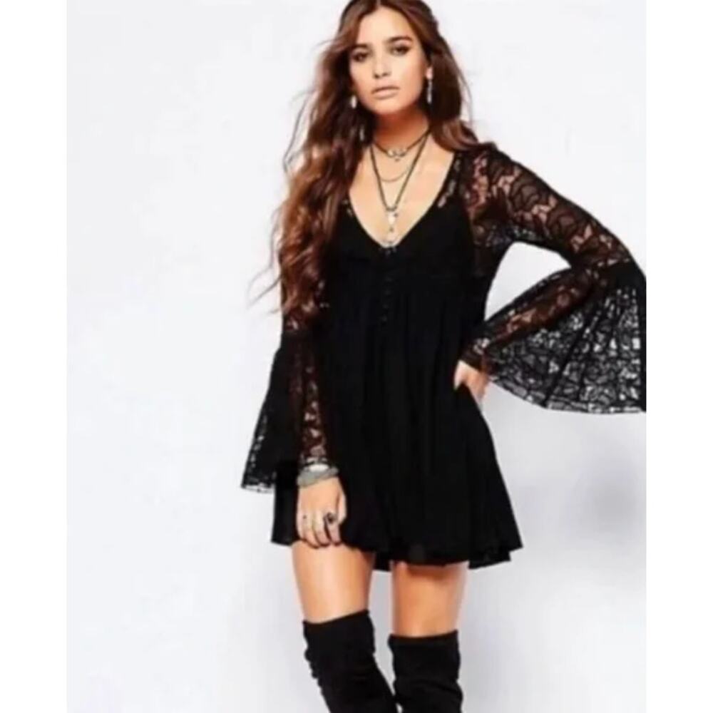 free people black lace‎ bell sleeve with love from india dress